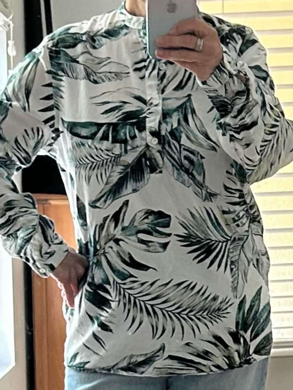 Zara Tropical Leaf Print Button-Up Tunic - White & Green M